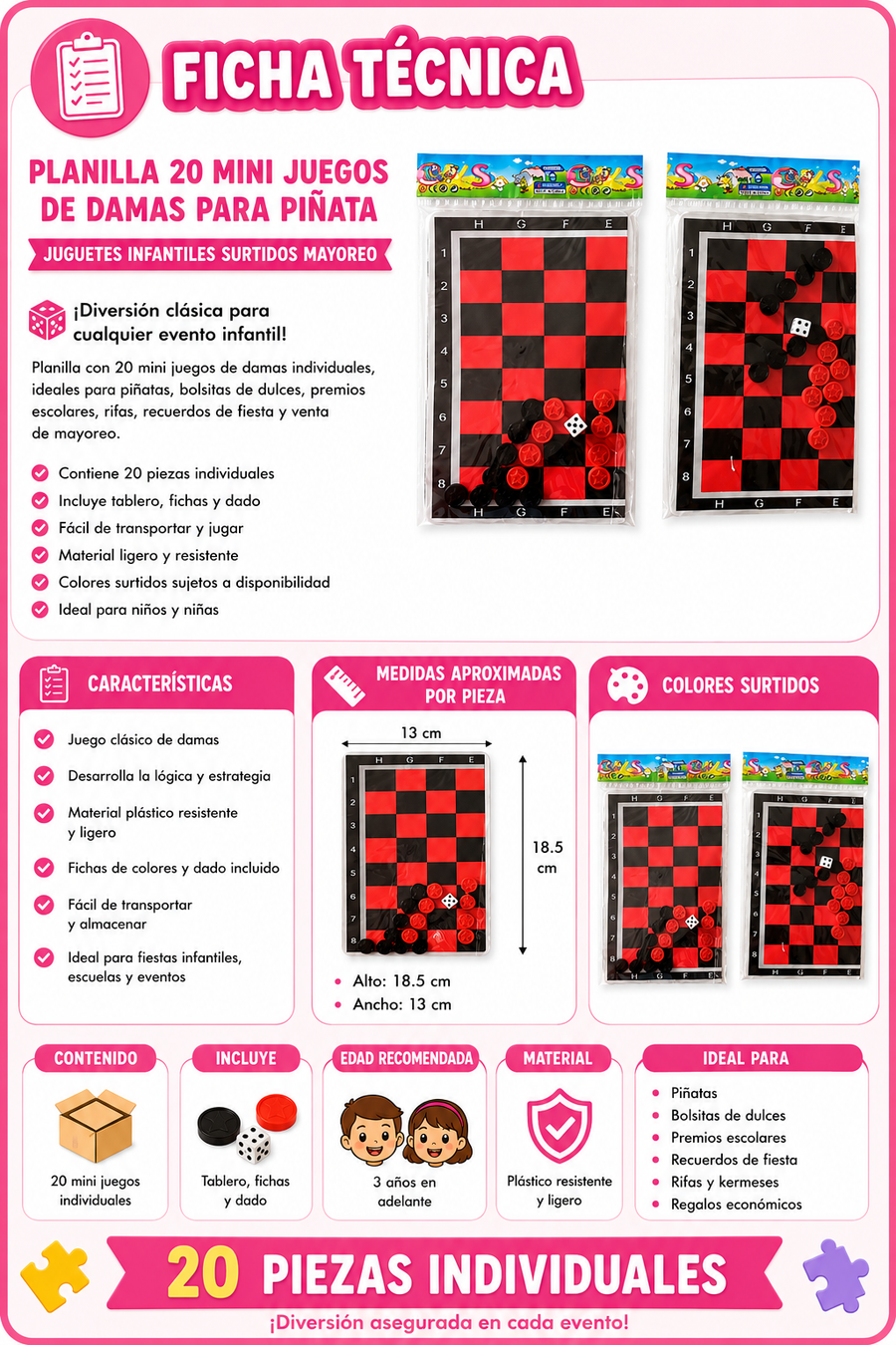 Planilla 20 Mini Juegos de Damas Chinas para Piñata | Juguetes Infantiles Surtidos Mayoreo