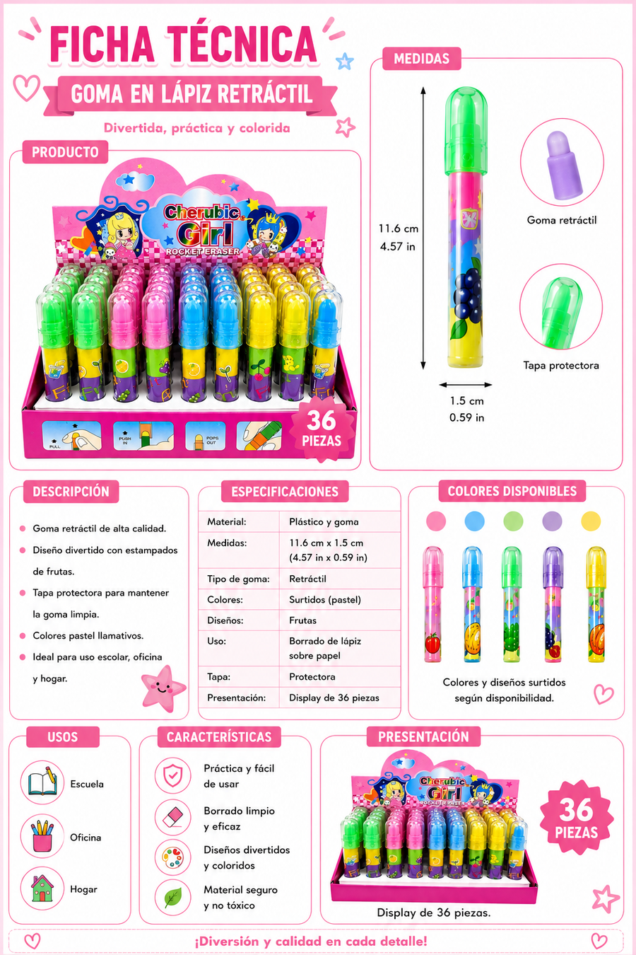 Caja 36 Gomas de Borrar Tipo Lápiz Colores Pastel Intercambiables Mayoreo