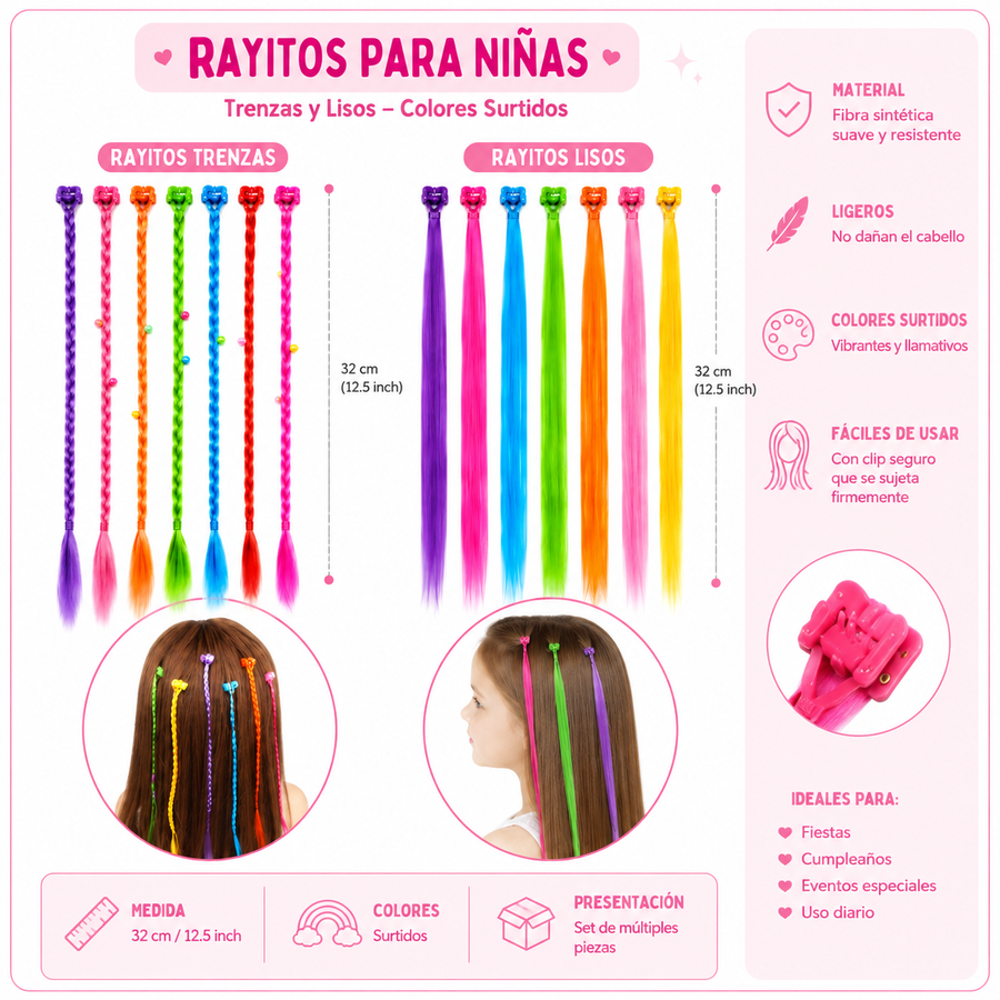 Planilla Mechones de Colores para Niñas 30 Pzas | Extensiones de Cabello para Fiesta, Piñata, Bolo y Recuerdos Infantiles