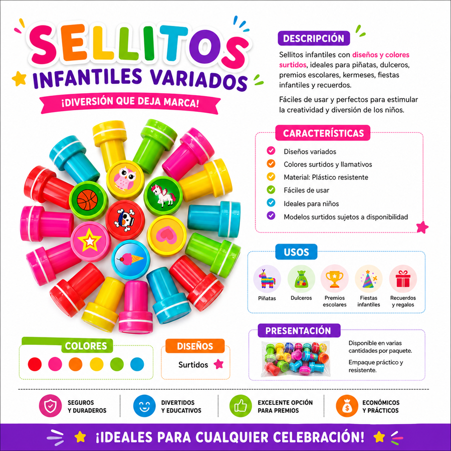 Sellitos Infantiles Variados para Piñata, Dulceros, Premios Escolares y Recuerdos