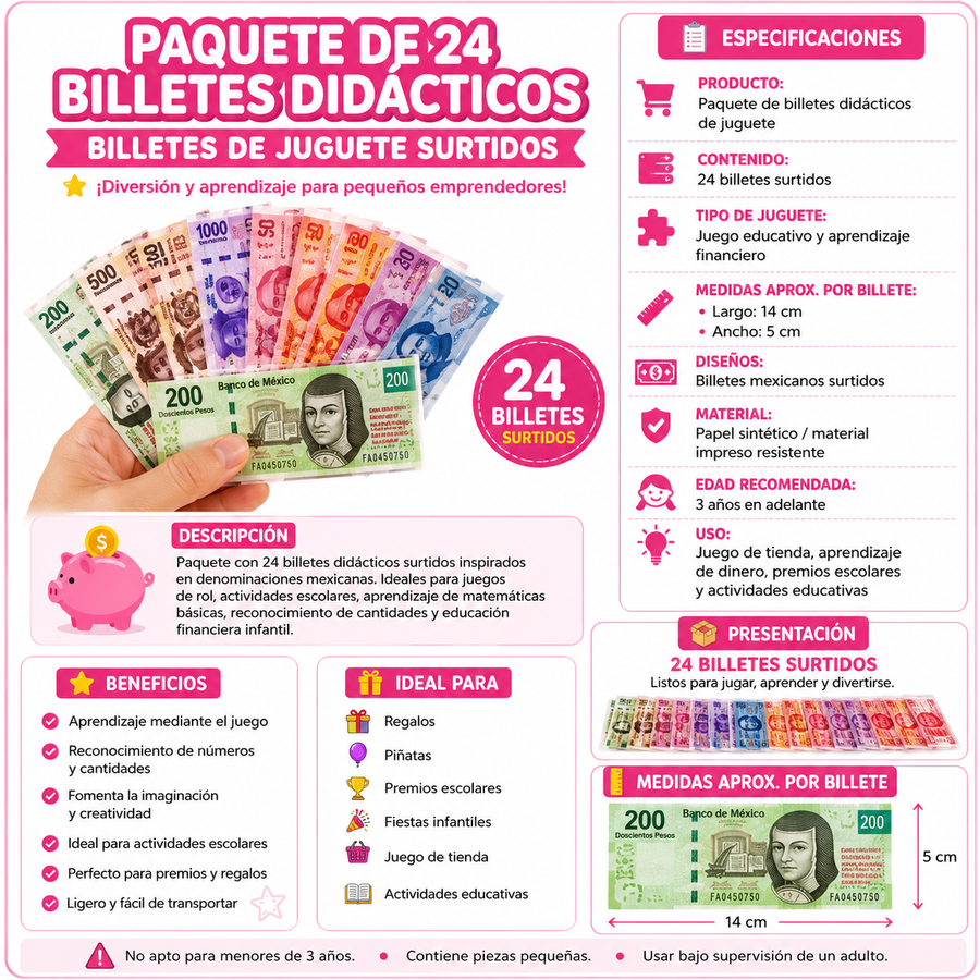 Paquete de 24 Billetes Didácticos Mexicanos de Juguete | Dinero para Jugar, Piñatas y Premios Escolares
