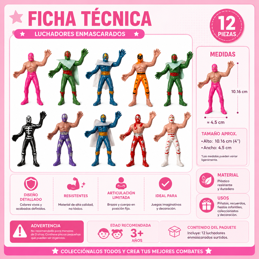 Luchadores de Juguete para Piñata 12 pzas | Figuras Infantiles Surtidas para Fiesta y Premios