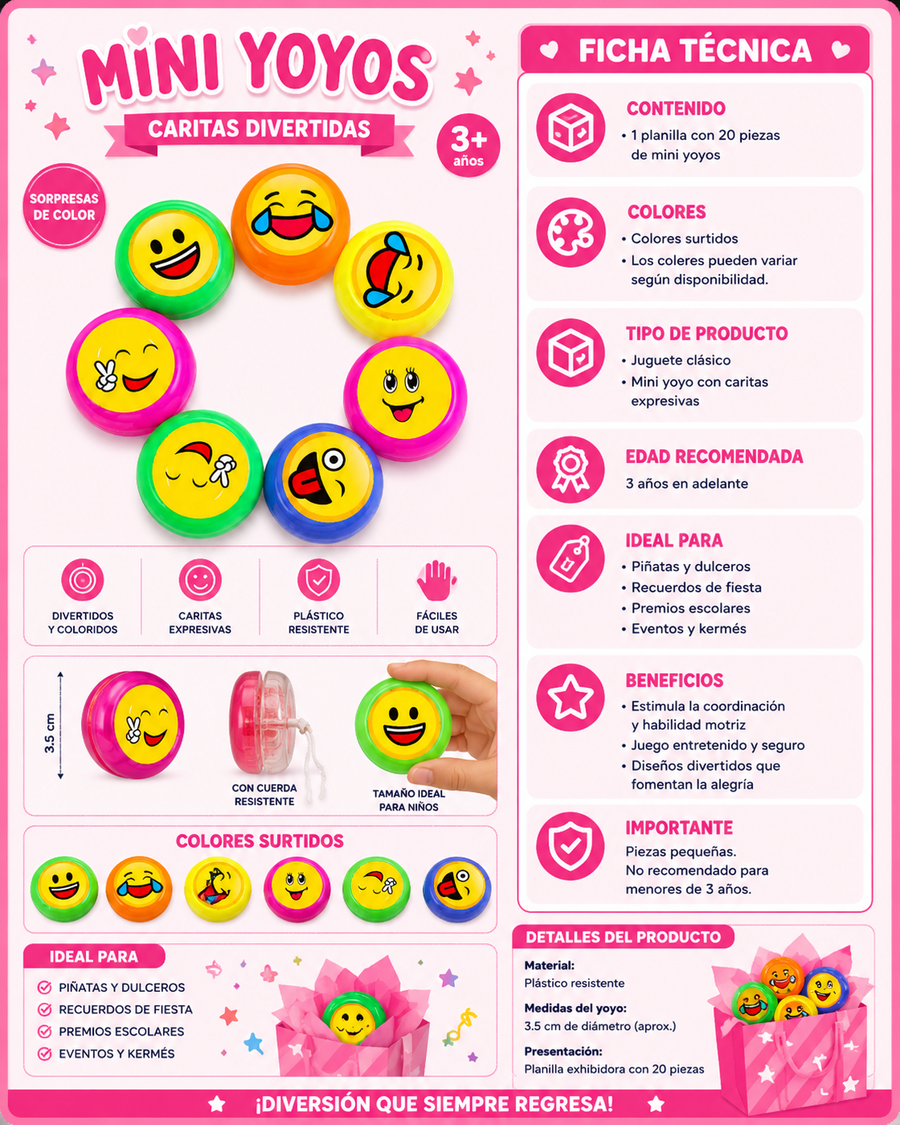 Planilla Yoyos Emoji Surtidos 20 pzas| Premios para Piñata y Dulceros