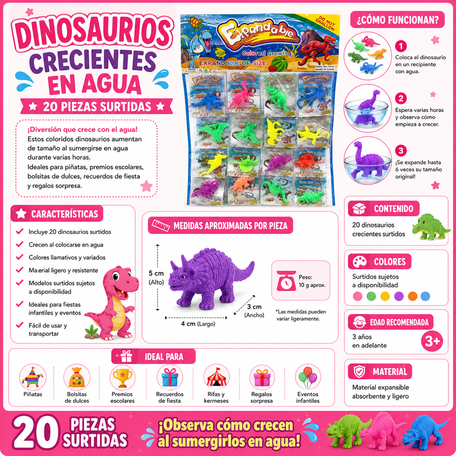 Planilla 20 Dinosaurios Crecientes en Agua para Piñata | Juguetes Infantiles Surtidos | Premios Escolares y Recuerdos de Fiesta