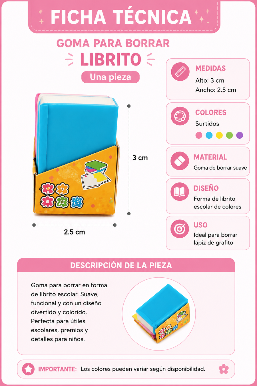 Set de 4 Gomas para Borrar en Forma de Libros Escolares Mini Borradores de Colores