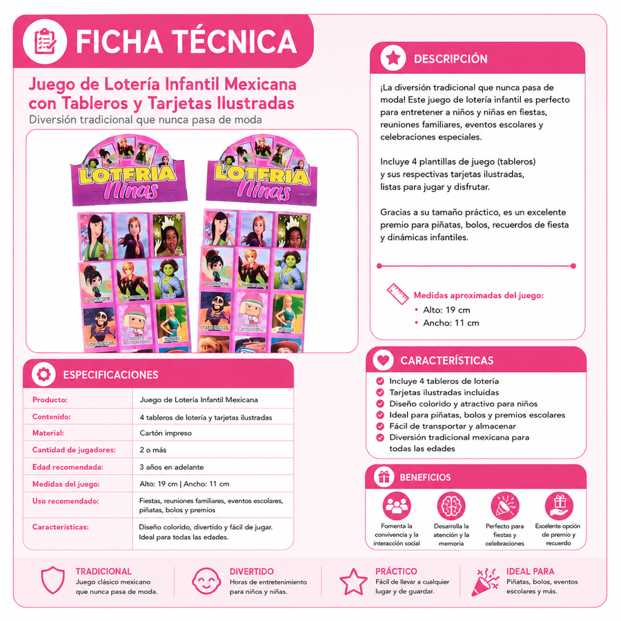Juego de Lotería Infantil Mexicana con Tableros y Tarjetas 1 pza| Ideal para Piñatas, Bolos y Premios