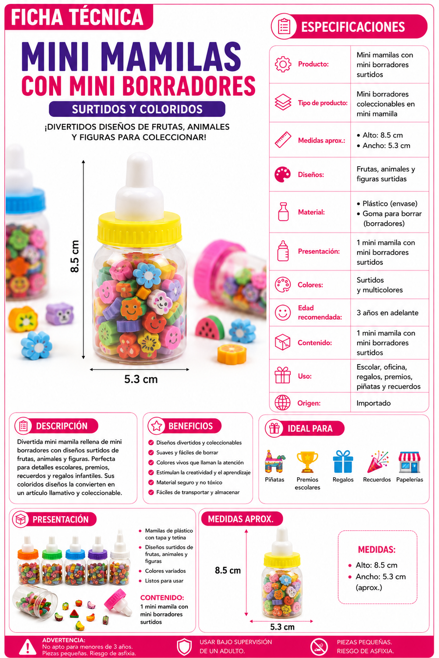 Mini Mamilas con Mini Borradores Kawaii Surtidos 12 pzas | Recuerdos para Piñata, Premios Escolares y Regalos