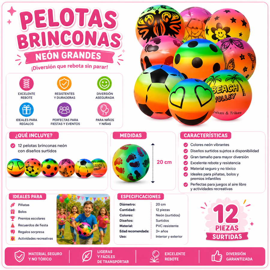 Pelotas Brinconas Neón Grandes 12 pzas Juguete para Piñata Bolo Fiesta Infantil Premio Surtidas
