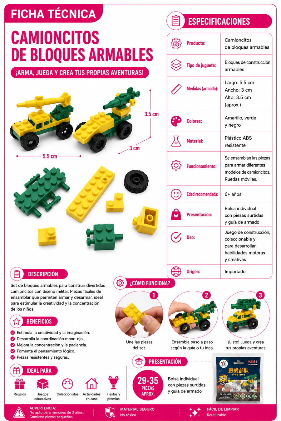 Planilla Tanques de Guerra Armables Bloques Construcción Militar 20 pzas| Premios, Piñatas y Dulceros
