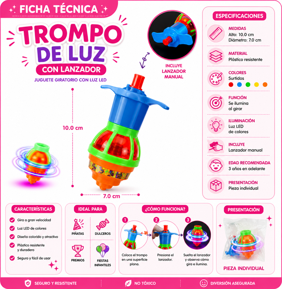 Trompo de Luz LED con Lanzador Manual | Juguete Giratorio Luminoso 1 Pieza