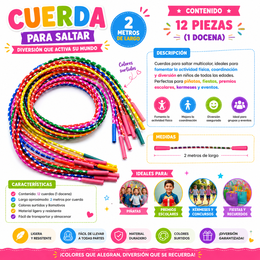 Cuerda para Saltar Multicolor 2 Metros – Docena de 12 Pzas para Piñatas, Fiestas y Actividades Infantiles