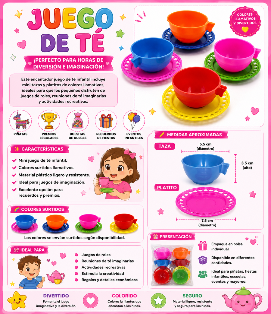 Juego de Té Infantil de Plástico Mini Tazas y Platitos Colores 50 tazitas + platitos Surtidos