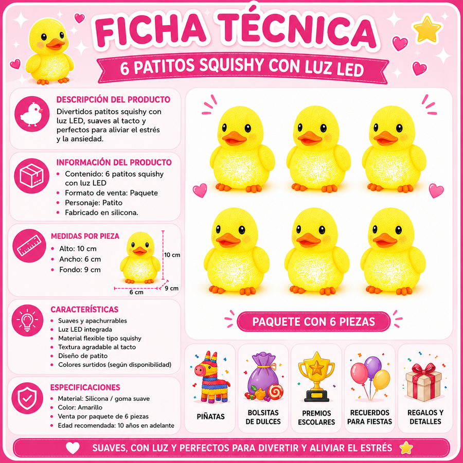 Patos Squishy con Luz LED Antiestrés Juguete Sensorial para Piñata Bolo Fiesta Infantil  6 Pzas