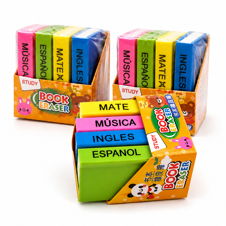 Set de 4 Gomas para Borrar en Forma de Libros Escolares Mini Borradores de Colores