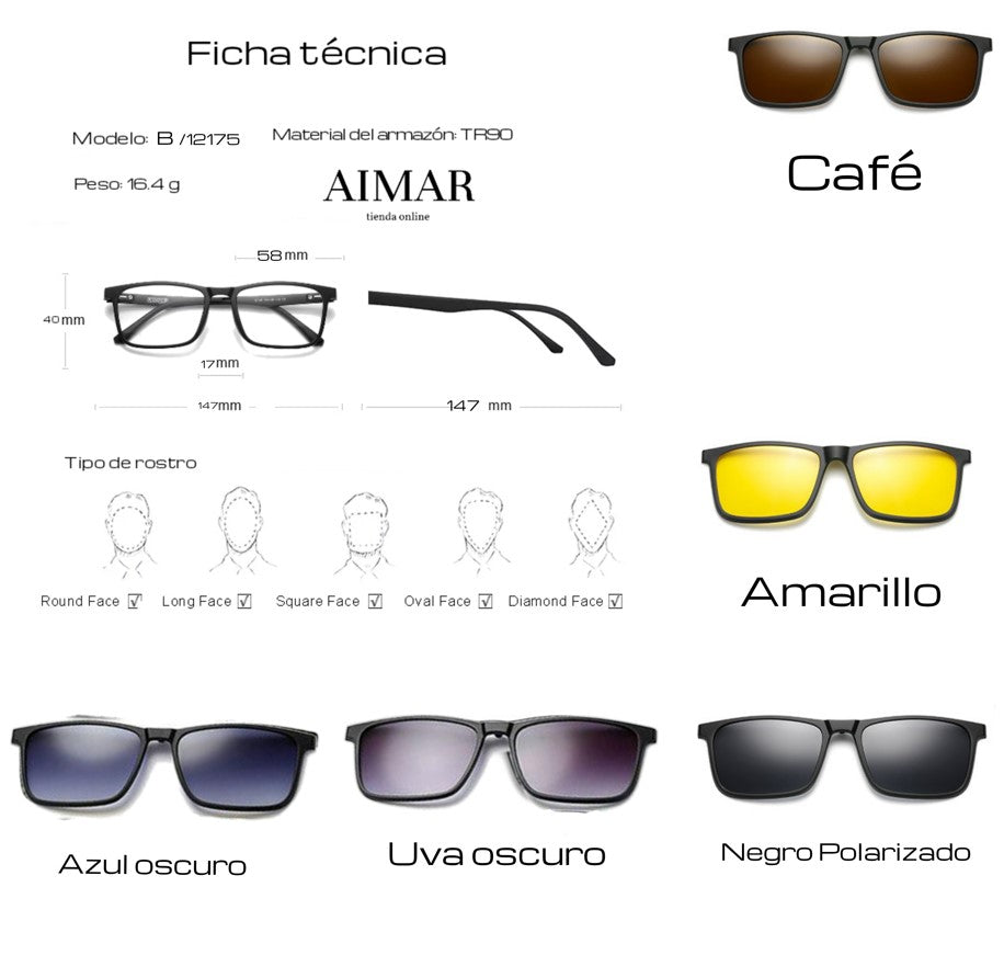 Lentes Armazon 5 En 1 Magnetico Para Graduar 12175 AIMAR SHOP